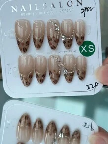 10片装涩谷辣妹豹纹美甲贴片，甜美辣妹法式豹纹金边细闪，复古琥珀豹纹法式，复古辣妹美甲，闪亮豹纹，甜心豹纹美甲，手工制作，可重复使用，Y2K豹纹美甲，经典魅力豹纹按压式美甲贴片，长款，饰有可爱五角星和蝴蝶水钻装饰，美甲用品，手工按压式美甲贴片 - 彩色 - 查看 1