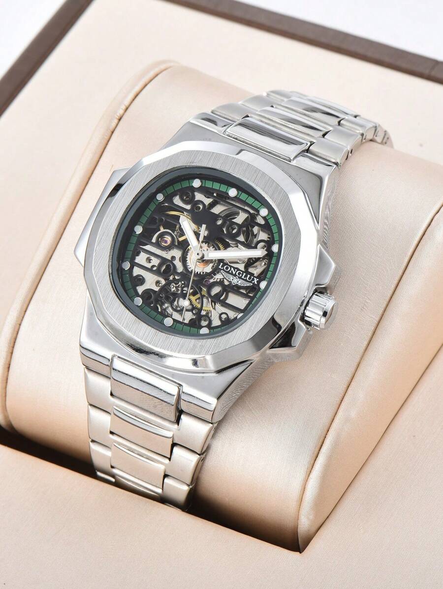 LONGLUX Men's Luxury Automatic Mechanical Hollow Out Waterproof Steel Strap Watch With Butterfly Clasp, Casual Fashion