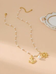 ZIRUISP 1 pieza Collar con colgante de acero inoxidable con estrella de mar y concha de perla falsa, estilo de vacaciones en la playa para mujeres