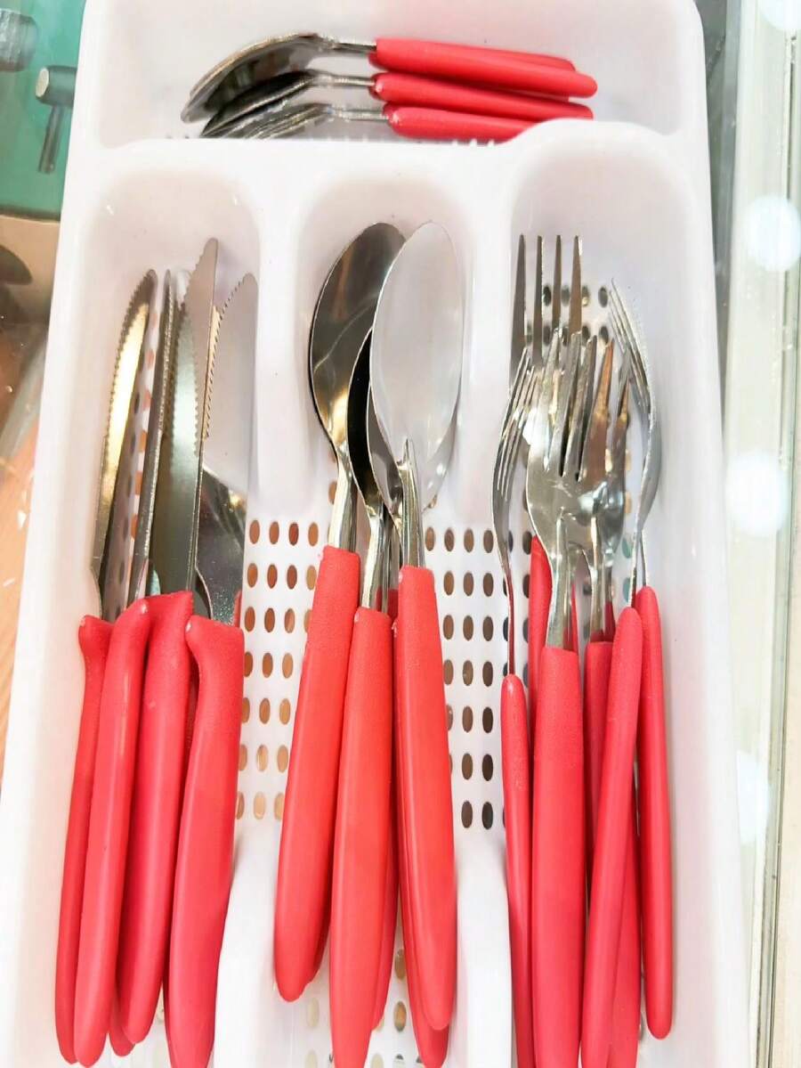 25 Piece Stainless Steel Cutlery Set With Cutlery Holder - 紅色 - 查看 1