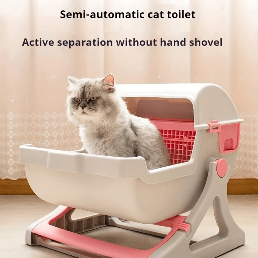Arenero para gatos semiautomático de gran tamaño: espacioso, fácil de limpiar, forma rectangular, material plástico, no requiere energía eléctrica - Multicolor - Ver 1