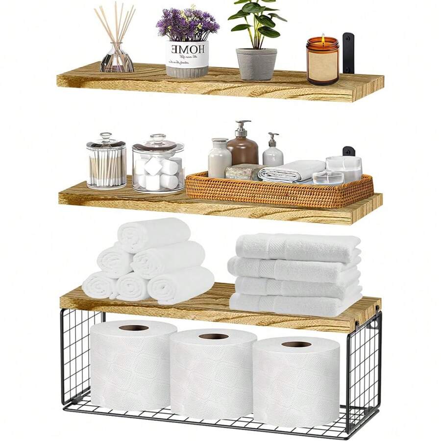 Bathroom Storage Shelf, Floating Bathroom Organizer Rack Wall Mounted With Wire Basket, Decorative Floating Shelf Organizer (Brown, Natural Wood Color)