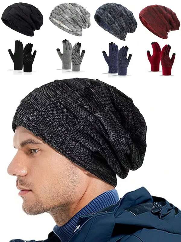 1 conjunto de boné e luvas esportivas: acessórios de inverno de malha acrílica macia incluem gorro de malha quente, grosso e macio e luvas de tela sensível ao toque - um presente de inverno aconchegante, luvas pretas