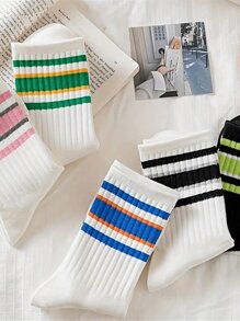 5 paires Chaussettes tubes moyennes polyvalentes à motif rayé pour sport, chaussettes confortables et respirantes all-match, chaussettes et collants blocs de couleurs pour femmes