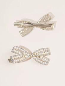 2pcs Metallic Alligator Hair Clip Hairpins With Bowknot, Rhinestone Decor, Faux Pearl, Sweet/Cool/Ins Style, Suitable For Clamping Side Bangs Elegant,Y2k Valentine's Day Valentines Claw Clips Hair Claws Hair Barrettes, School Stuff, College, Pearl Hair Accessories