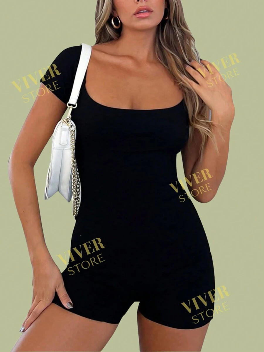Short Sleeve Romper Square Neck With Luxurious Body Shaping Fabric - 黑色 - 查看 1