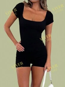 Short Sleeve Romper Square Neck With Luxurious Body Shaping Fabric - 黑色 - 查看 5