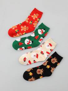4 Pairs Christmas Reindeer Gingerbread Bread Pattern Women's Crew Socks