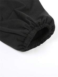 春夏纯色街头紧身女式套装长袖上衣+高腰紧身裤慢跑套装 - 黑色 - 查看 4