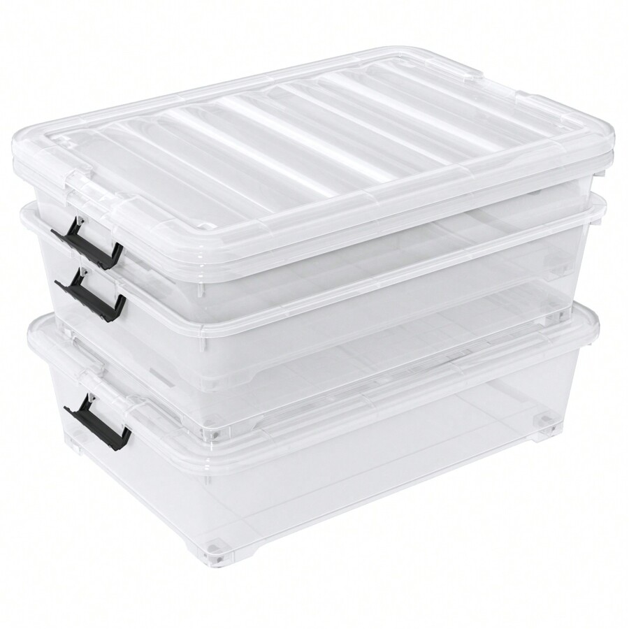 50 Quart Large Clear Plastic Under Bed Storage Bins With Wheels, 3Pack