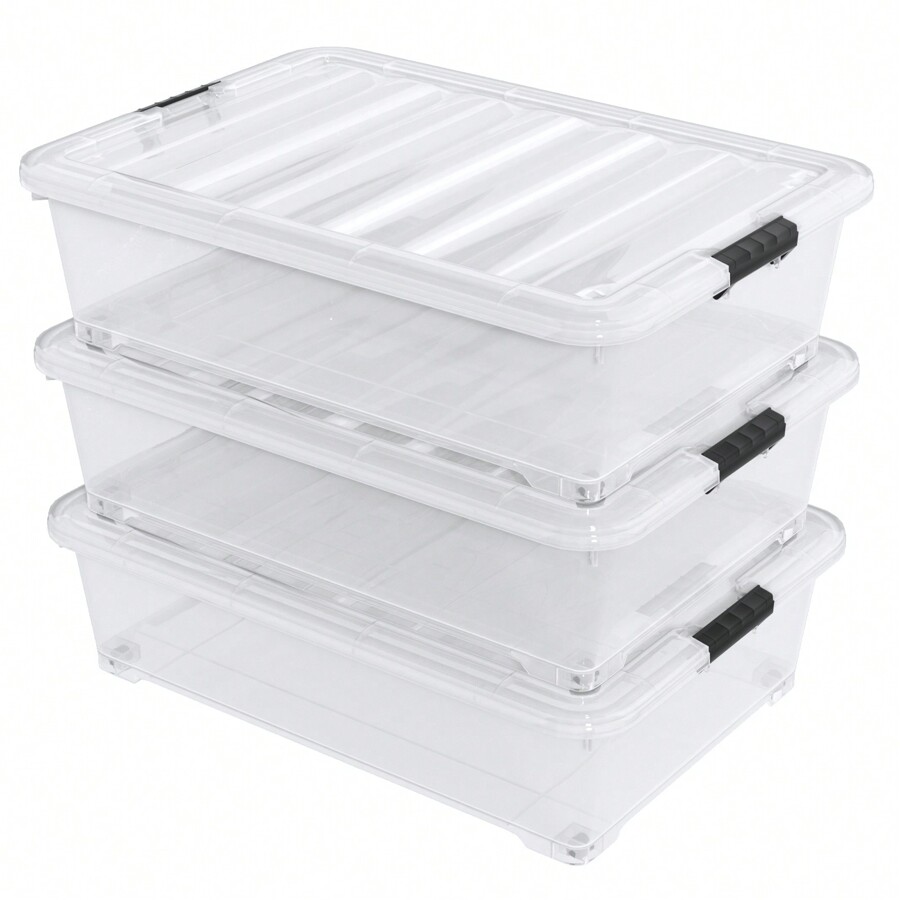 50 Quart Large Clear Plastic Under Bed Storage Bins With Wheels, 3Pack