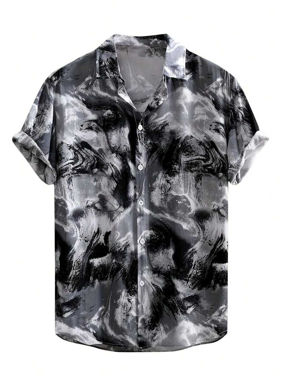 HY101 Men's Short Sleeve Shirt, Cross-Border European And American Print Casual Slim Fit Shirt, Plus Size, Breathable,Quick-Drying,Absorbs Sweat - Black - View 1