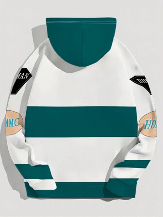 男士纯色拼接字母印花连帽卫衣，秋冬款