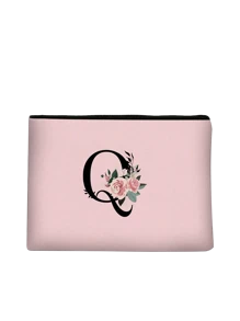 1 件粉色涤纶花朵黑色首字母印花拉链女士化妆包，字母 A-Z，储物袋，化妆品收纳袋化妆收纳袋迷你袋旅行小化妆盒配件化妆架刷袋化妆容器化妆包旅行必需品女士配件旅行用品化妆包化妆包化妆袋化妆包 - 粉色 - 查看 12