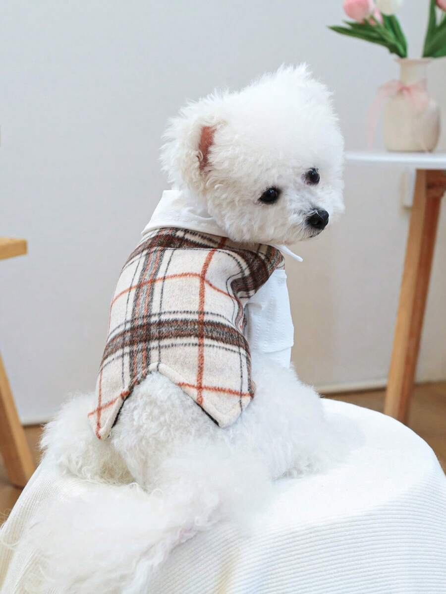 PETCIRCLE 1 件宠物套装、狗/猫服装、绅士背心 - 格子图案 - 咖啡棕 - 查看 1