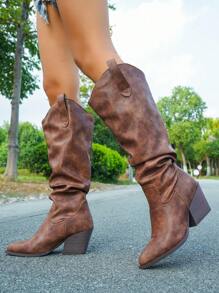 女士尖头褶皱粗跟西部靴，复古骑士靴，优雅秋冬高筒靴，及膝靴，牛仔靴 - 棕色 - 查看 2