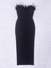 Women Sexy Love Shape Bandeau Feather Strap Dress Halter Backless  Fashion Sleeveless Gown