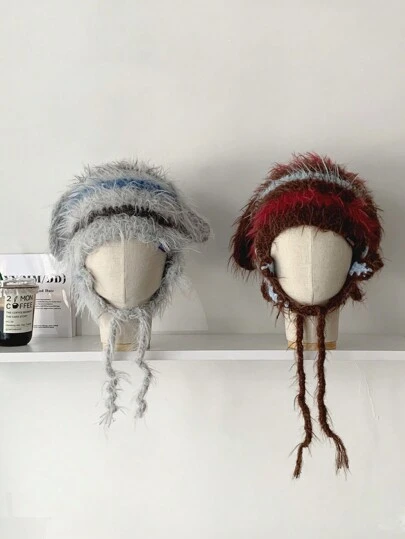 女款兔毛针织蓬松帽、冬季护耳保暖流苏帽、秋冬加厚保暖针织护耳帽、手工可爱绒球骷髅帽、薄款镂空针织休闲帽