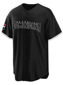 Maglietta casual da uomo stile boyfriend, maglia da baseball nera n.22, manica corta, collo a V con bottoni, ricamata e con cuciture, adatta per feste e sport