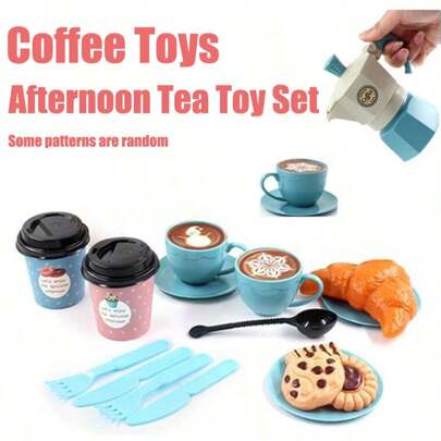 儿童角色扮演下午茶套装，包含逼真的咖啡、面包，互动游戏，适合女孩，角色扮演咖啡馆经营玩具，生日礼物，迷你咖啡店，随机咖啡拉花图案