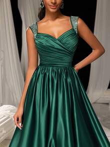 Faeriesty Rhinestone Detail Ruched Front Sweetheart Neckline Satin Formal Dress, Prom Evening Gown, For Wedding Guest, Graduation, Dinner Party Dress