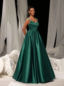 Faeriesty Rhinestone Detail Ruched Front Sweetheart Neckline Satin Formal Dress, Prom Evening Gown, For Wedding Guest, Graduation, Dinner Party Dress