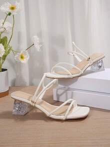 French Fairy-Like Thick Strap High Heel Sandals For Women, New Summer Fashion Square Toe Elegant Ankle Strap Ladies Shoes - White - View 4