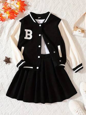 2pcs Tween Girl Letter B Print Velour Bomber Jacket & Pleated Skirt Set, Casual School Style Outfit, Spring & Autumn