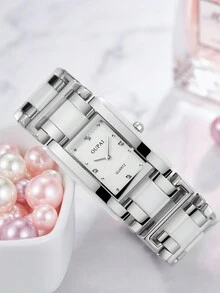OUPAI 1 chiếc đồng hồ đeo tay nữ mặt chữ nhật, khung bạc, gốm trắng và dây đeo bằng thép, trang trí pha lê thanh lịch, chống nước, đeo hàng ngày và trong các dịp khác - trắng - Xem 2