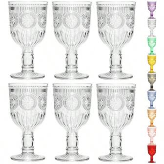 Reusable Vintage Glass Goblets With Floral Embossed Pattern, Durable Colorful High Stem Glasses, Suitable For Parties, Weddings, Bars, Drinking Water [Reusable Cups]