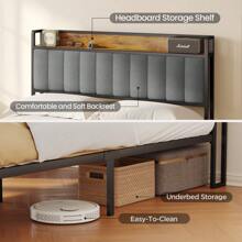Platform Bed Frame With Headboard, Storage Space, Simple And Easy To Assemble, Furniture Decoration, Room Decoration, Two Sizes And Two Colors To Choose From, Suitable For Rooms, Bedrooms - 淺灰色 - 查看 6