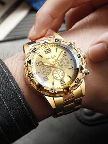 2 pièces/set Montre-bracelet à quartz avec échelle numérique à trois yeux, mode homme, avec bracelet en acier