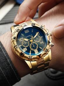 2 pièces/set Montre-bracelet à quartz avec échelle numérique à trois yeux, mode homme, avec bracelet en acier