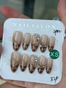 10片装涩谷辣妹豹纹美甲贴片，甜美辣妹法式豹纹金边细闪，复古琥珀豹纹法式，复古辣妹美甲，闪亮豹纹，甜心豹纹美甲，手工制作，可重复使用，Y2K豹纹美甲，经典魅力豹纹按压式美甲贴片，长款，饰有可爱五角星和蝴蝶水钻装饰，美甲用品，手工按压式美甲贴片 - 彩色 - 查看 2
