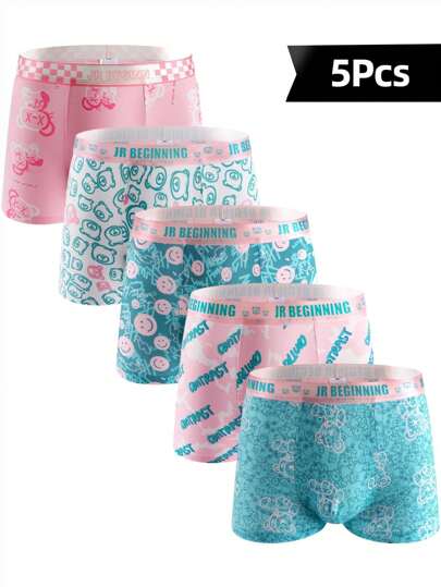 5قطع/عبوة سراويل داخلية قصيرة أساسية للرجال بلون أحادي وطباعة الدب التيدي، شورتات صيفية عادية