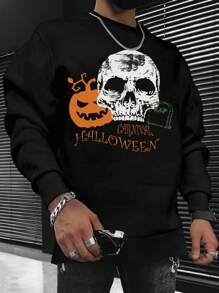 NITAGUT Men Pumpkin Print Sweatshirt, For Halloween - Black - View 1