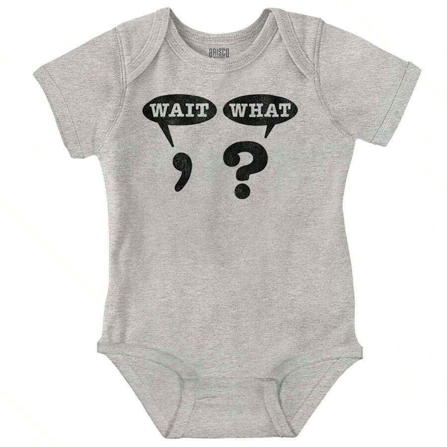 Funny Geek Baby Graphic One Piece Bodysuit Grammer Joke Punctuation Conversation Joke Comma Wait Question Mark What Casual Everyday Soft Cotton Printed Cap Sleeve Lap Neck Romper Baby Clothes - Heather - View 1
