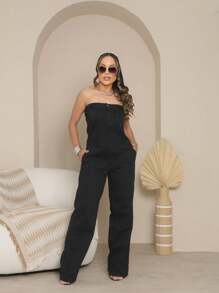 Black Strapless Jeans Jumpsuit - màu đen - Xem 1