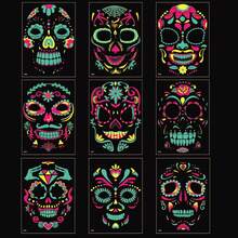 9 miếng dán hình xăm tạm thời phát sáng trong bóng tối dành cho Halloween, hình đầu lâu và bộ xương phát sáng, đồ dùng trang điểm dự tiệc cho phụ nữ. - Nhiều màu - Xem 4