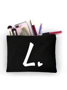 Letter Print Patchwork Women's Makeup Bag, Black Small Size, Letter A-Z, Makeup Bag, Portable Toiletry Bag, Reusable Makeup Bag, Women's Simple Large Capacity Travel Makeup Bag, Earphone, Ls - Black - View 24