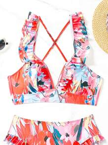 Women's Printed Flounce Shoulder Criss-Cross Back Bikini Summer
