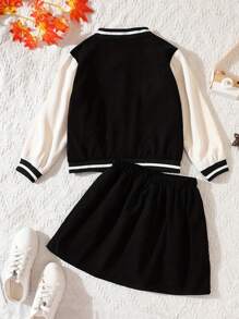 2pcs Tween Girl Letter B Print Velour Bomber Jacket & Pleated Skirt Set, Casual School Style Outfit, Spring & Autumn