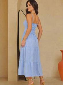 Long Strappy Dress With Striped Cups In Viscolinho Fabric H-2 - Baby Blue - View 3