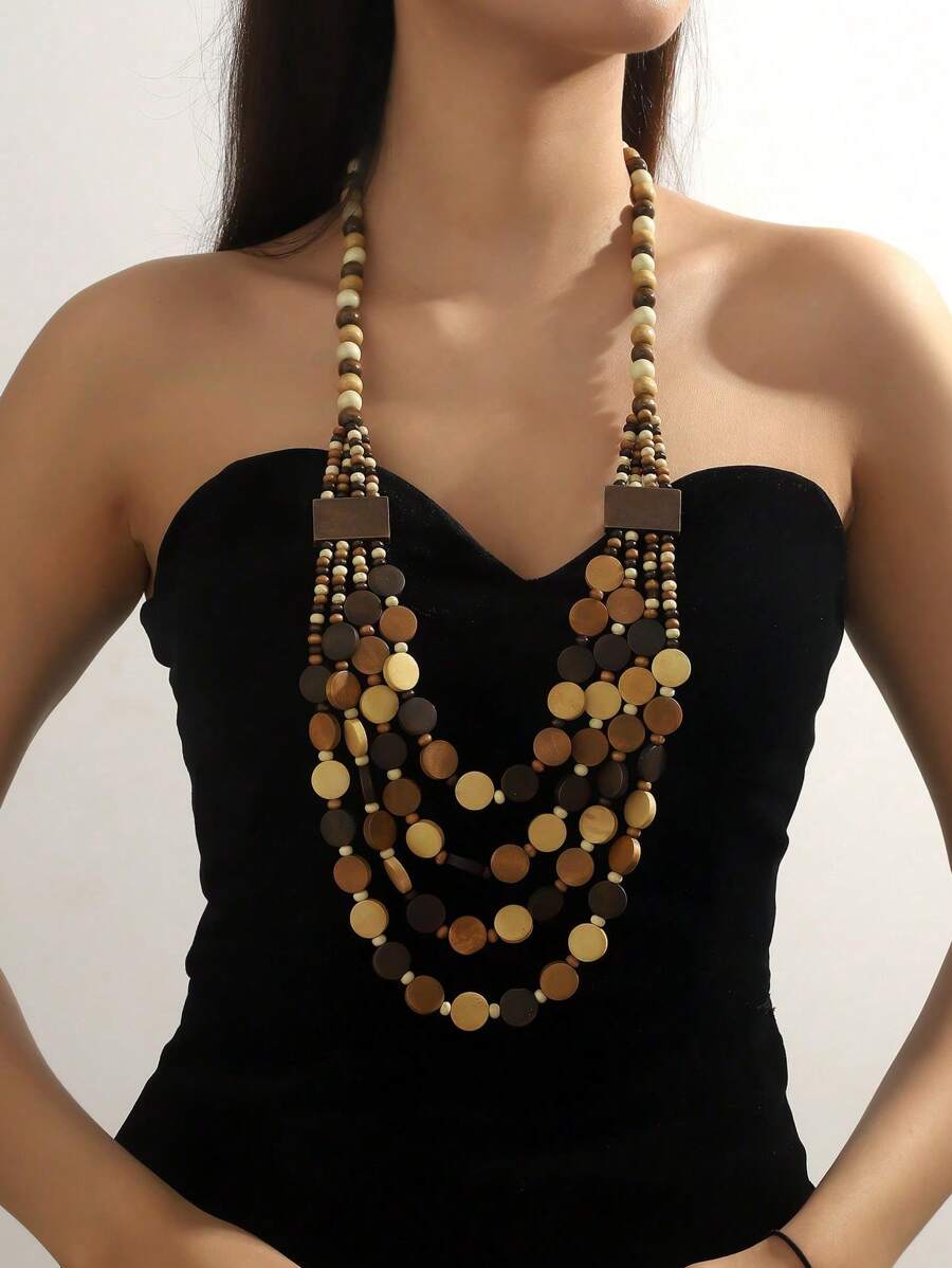 Bohemian Style Wooden Bead Handmade Multi-Layer Necklace & Earrings Set - Coffee - View 1