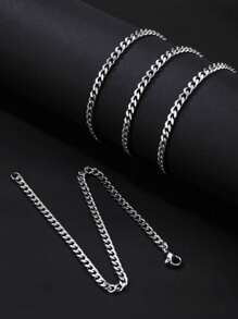 1 Set Men Hip Hop Minimalist Chain Bracelet And Necklace, Stainless Steel Chain Jewelry Set - Bạc - Xem 3