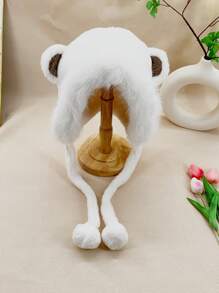 1pc Women's Plush Earflap Hat With Cute Bear Decor, Warm Thick Winter Hat For Daily Wear And Outdoor Activities, Available In Multiple Colors
