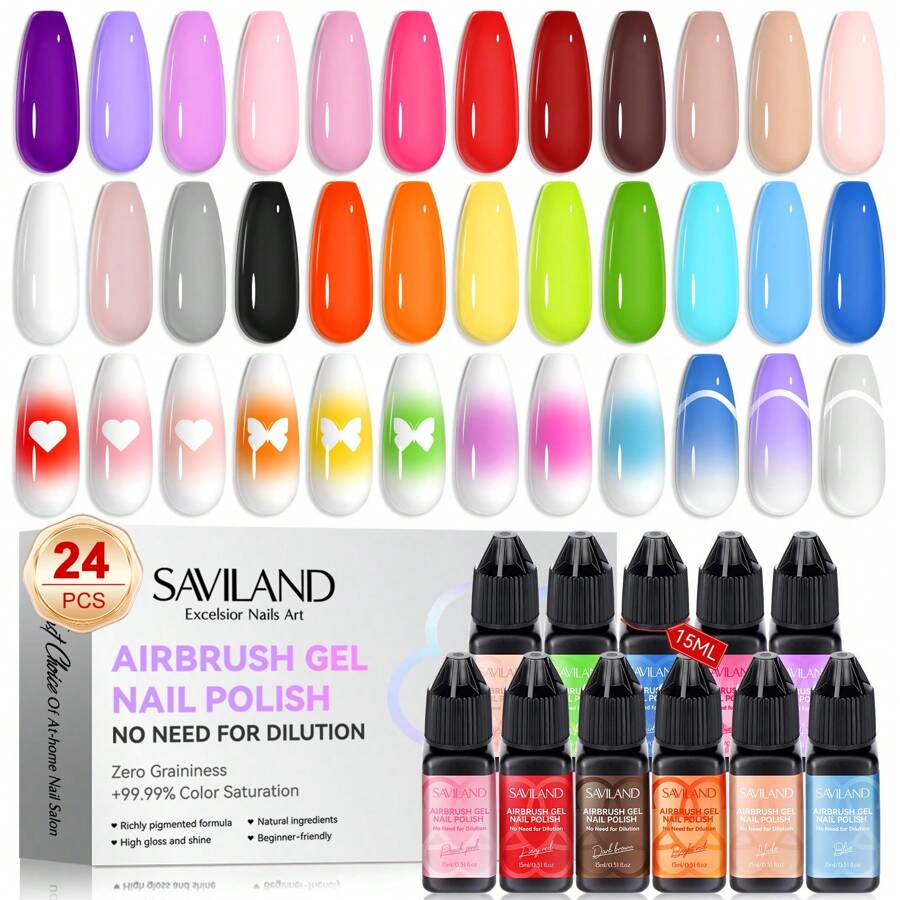 Saviland 24 Colors Airbrush Gel Nail Polish: Use With Airbrush For Gradients, Blush Nails, Layered Nail Art Without Thinning, Airbrush Paint Kit For Home, DIY, Salon And Party - 彩色 - 查看 1