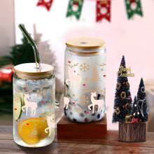 1pc, Bình nước thủy tinh 16oz có nắp chân không, Thiết kế in 3D hình người tuyết và tuần lộc hoạt hình Giáng sinh, Tiện dụng cho du lịch ngoài trời, cắm trại, cốc cà phê trên ô tô có ống hút, Quà tặng cho gia đình và bạn bè, Quà tặng tiệc Giáng sinh - Nhiều màu - Xem 5
