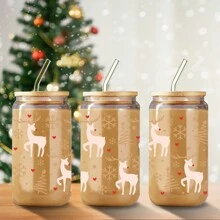 1pc, Bình nước thủy tinh 16oz có nắp chân không, Thiết kế in 3D hình người tuyết và tuần lộc hoạt hình Giáng sinh, Tiện dụng cho du lịch ngoài trời, cắm trại, cốc cà phê trên ô tô có ống hút, Quà tặng cho gia đình và bạn bè, Quà tặng tiệc Giáng sinh - Nhiều màu - Xem 1