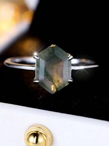 优雅纯银六角形绿玛瑙戒指，女士订婚/结婚/周年纪念/生日礼物 - 綠色 - 查看 8